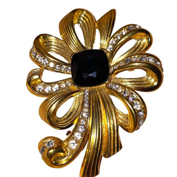 Vintage Large Bow Ribbon Rhinestone Gold Silver Tone Brooch - Picture 2 of 4